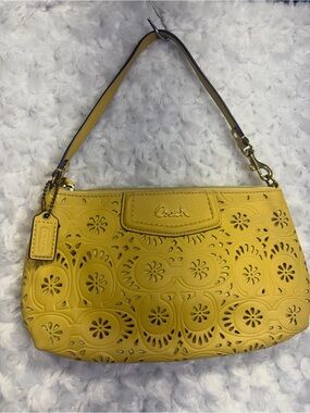 Coach Yellow Ashley Lace Laser-Cut Leather large convertible wristlet shoulder